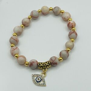 Pink Zebra Jasper Evil Eye Bracelet, Natural Stone Beaded Elastic Bracelet